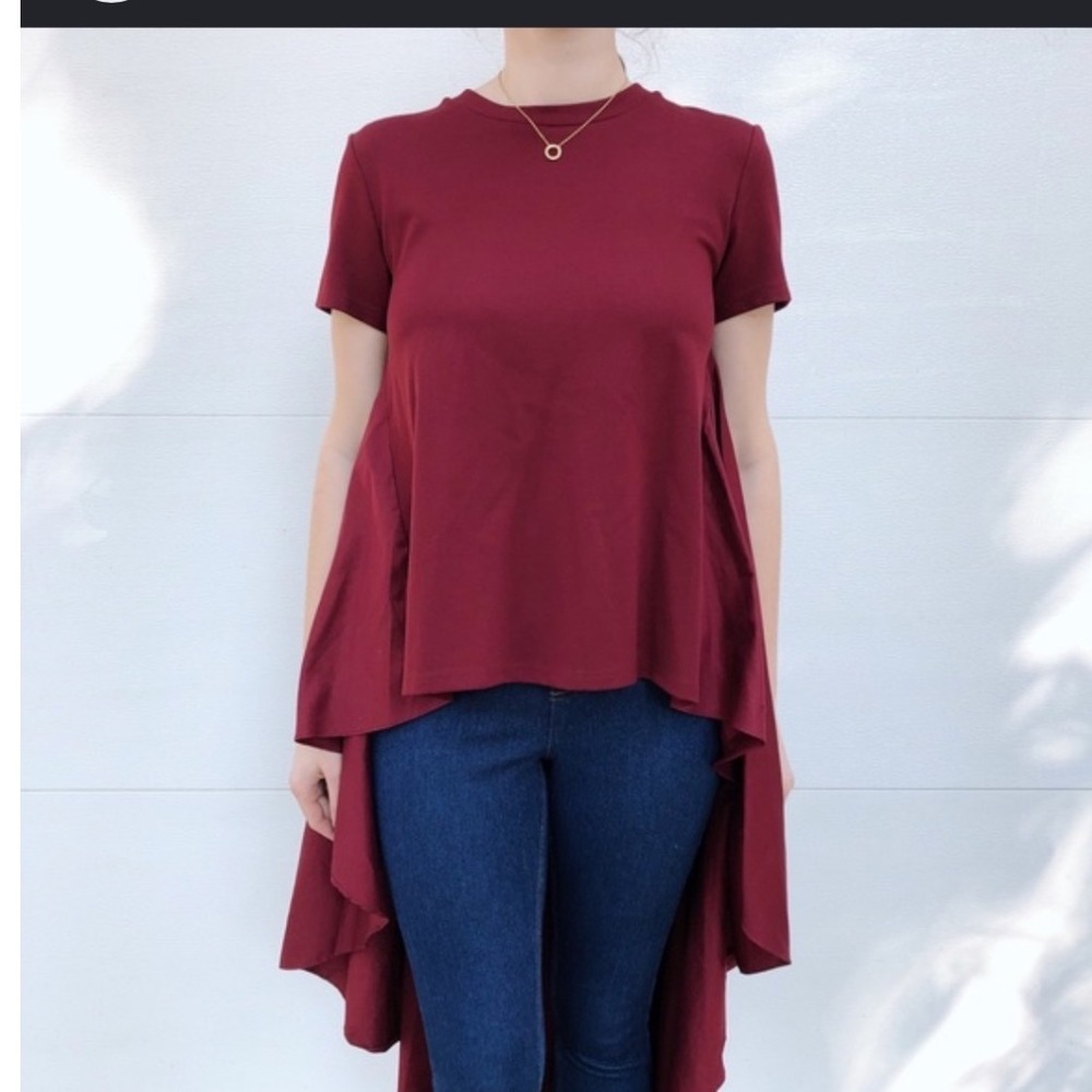 English Factory Burgundy High Low Mixed Media Pleated Hem T-Shirt Top Small